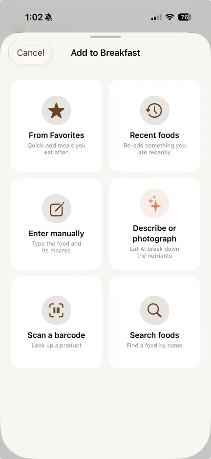 The Add to Breakfast sheet: six cards for From Favorites, Recent foods, Enter manually, Describe or photograph, Scan a barcode, and Search foods.