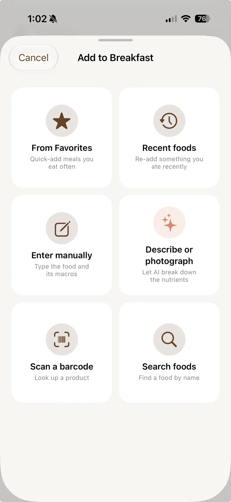 The Add to Breakfast sheet: six cards for From Favorites, Recent foods, Enter manually, Describe or photograph, Scan a barcode, and Search foods.