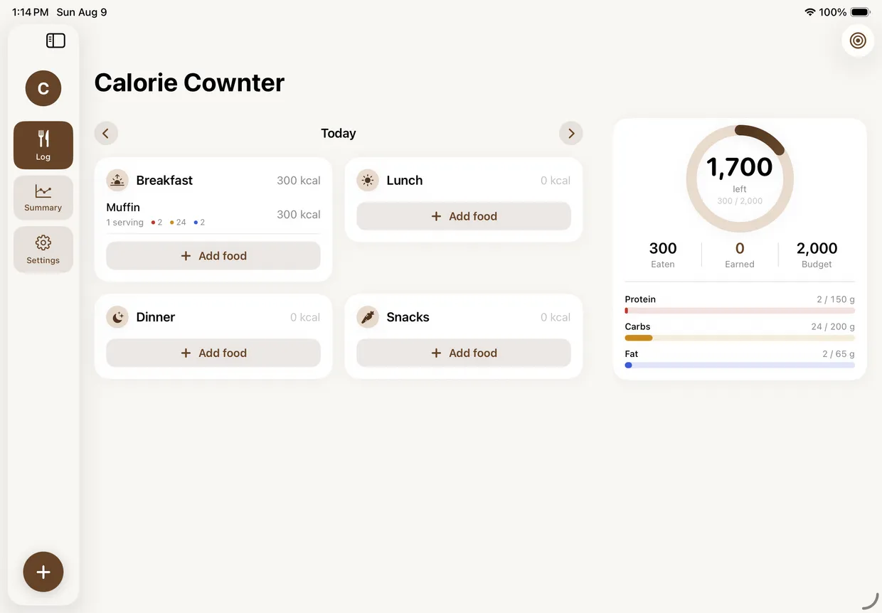 Calorie Cownter on iPad: a side rail with Log, Summary and Settings, meals laid out in a grid as Breakfast, Lunch, Dinner and Snacks, and a card on the right showing 1,700 calories left with eaten, earned and budget totals plus macro bars.