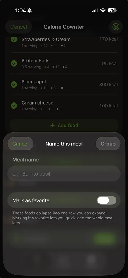A sheet titled Name this meal, with a meal name field, a Mark as favorite toggle, and a note explaining the selected foods collapse into one row you can expand and quick-add later.