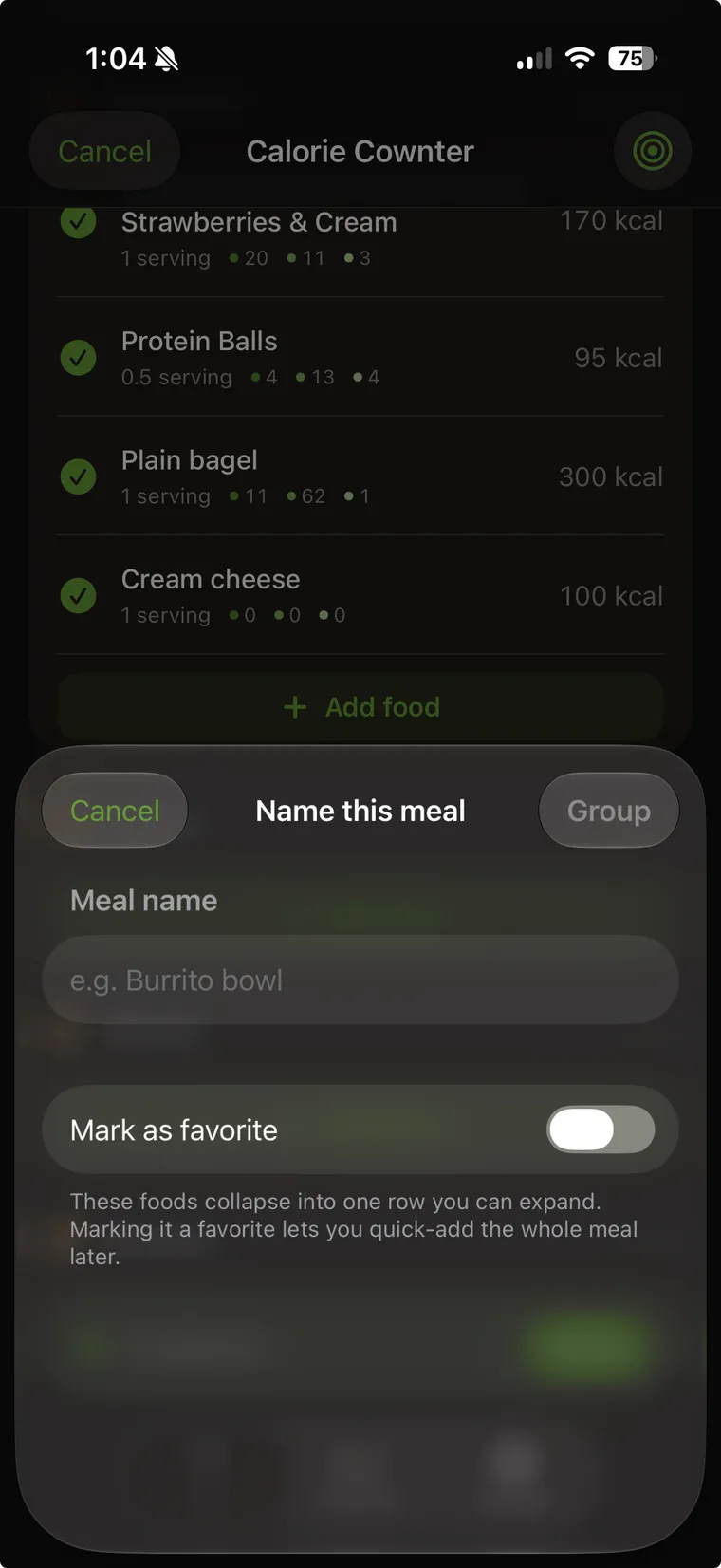 A sheet titled Name this meal, with a meal name field, a Mark as favorite toggle, and a note explaining the selected foods collapse into one row you can expand and quick-add later.