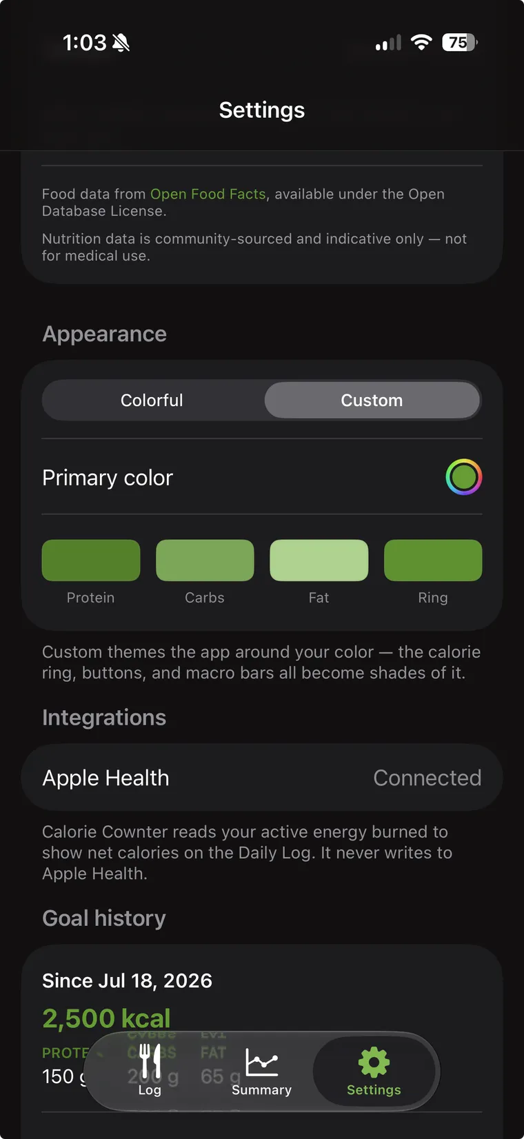 The Appearance section of Settings in dark mode, set to Custom, with a primary color swatch and preview chips showing protein, carbs, fat and ring as shades of green.