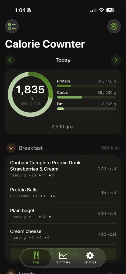 The daily log in dark mode with a green theme: 1,835 calories left of 2,500, green calorie ring and macro bars, and a logged breakfast.