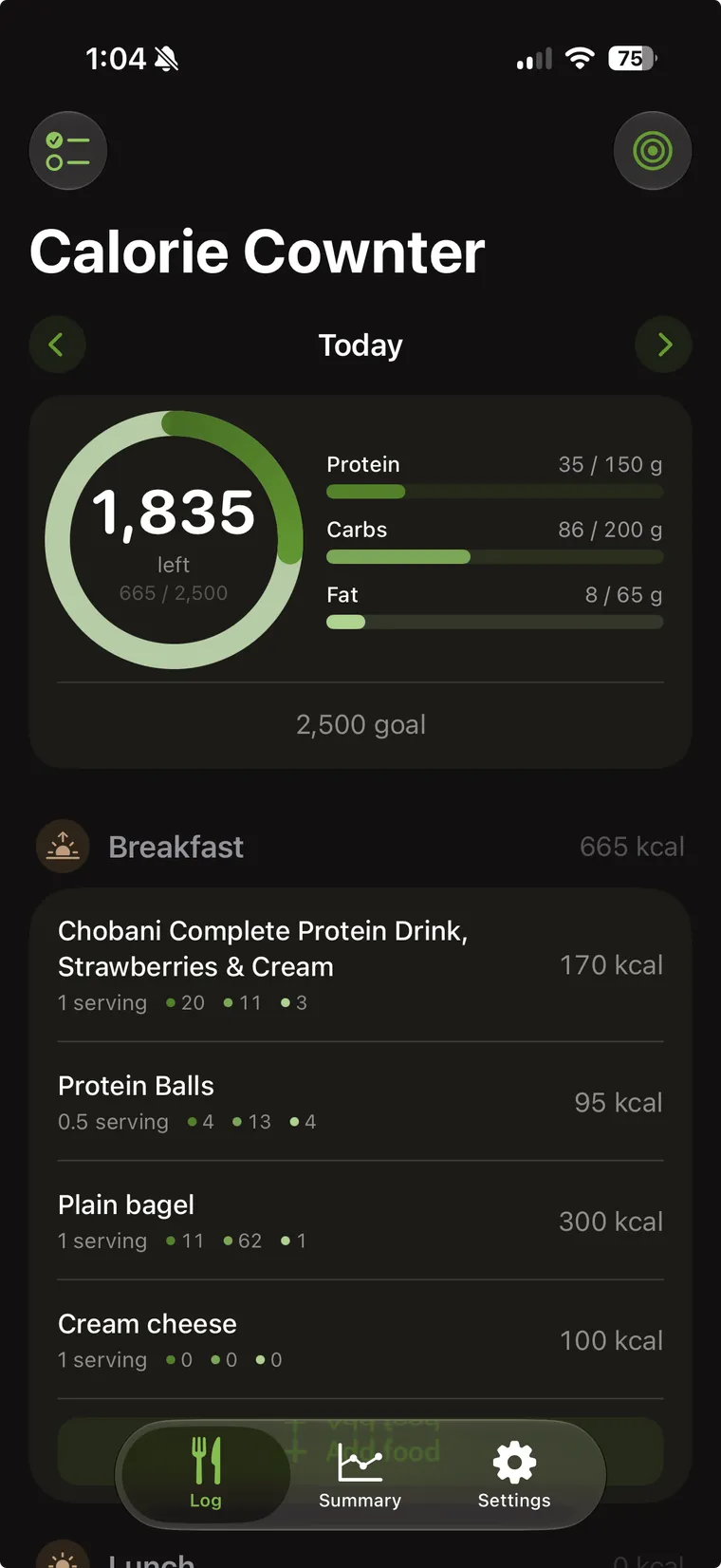 The daily log in dark mode with a green theme: 1,835 calories left of 2,500, green calorie ring and macro bars, and a logged breakfast.