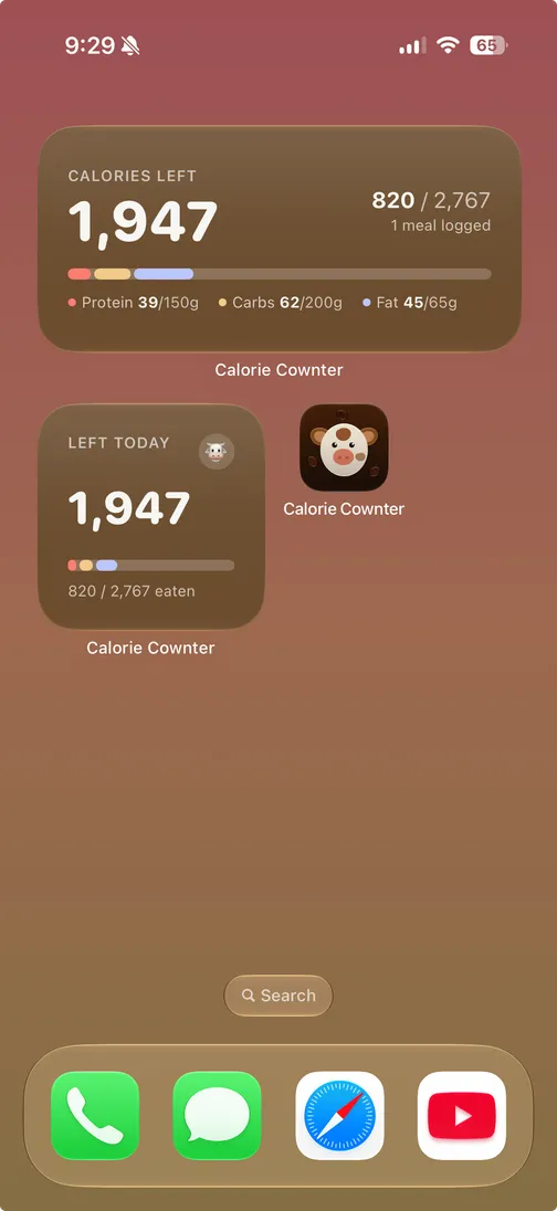 An iPhone Home Screen with two warm brown Calorie Cownter widgets: a medium one reading 1,947 calories left, 820 of 2,767 eaten, one meal logged, with a segmented macro bar and protein, carbs and fat totals; and a small one showing just the number left today.
